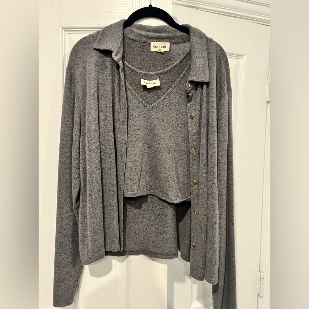 Open Edit Grey Three-Piece Pajama Lounge Set - Tank, Shirt & Wide Leg Pant
